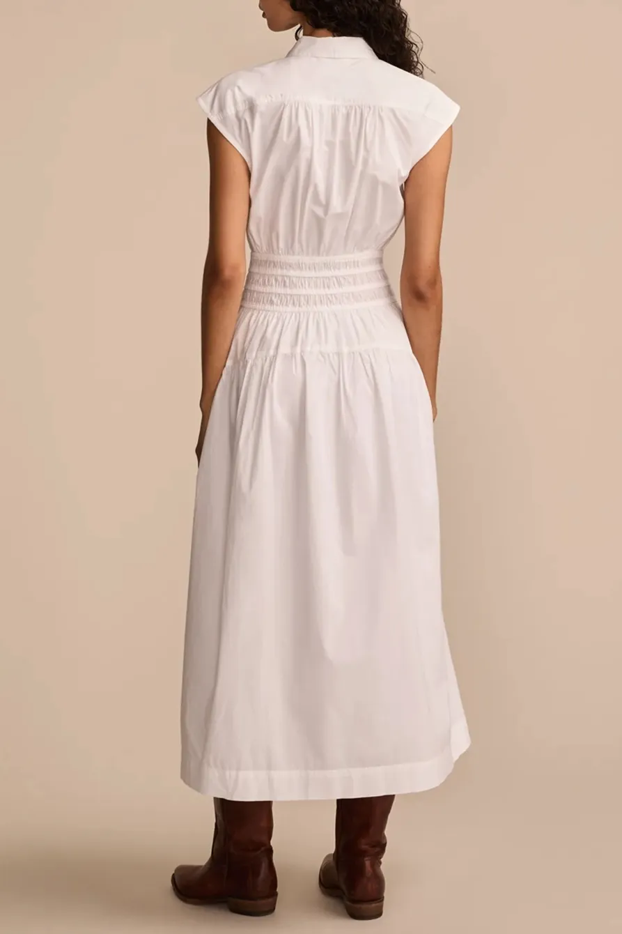 Bright White Smocked Dropped Waist Midi Dress