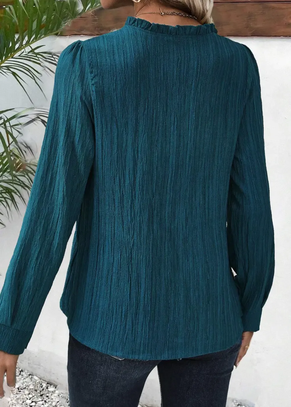 Peacock Blue Frill Long Sleeve Split Neck Blouse