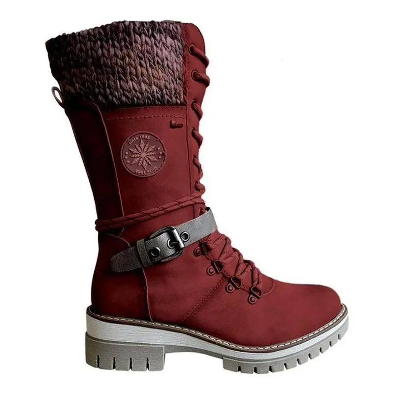 Retro Style Chunky Low Heel Lace Up Knitted Mid-Calf Boots