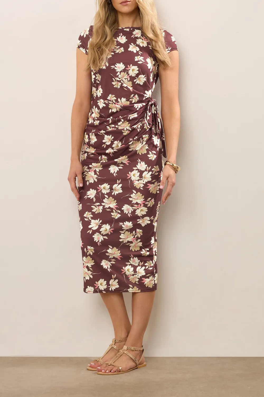 Ruched Style Dark Red Floral Midi Dress