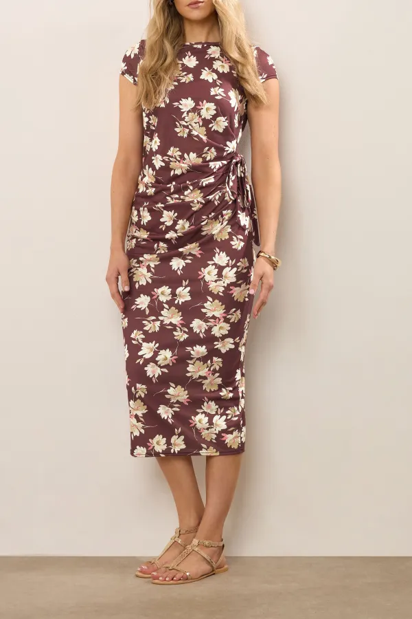 Ruched Style Dark Red Floral Midi Dress