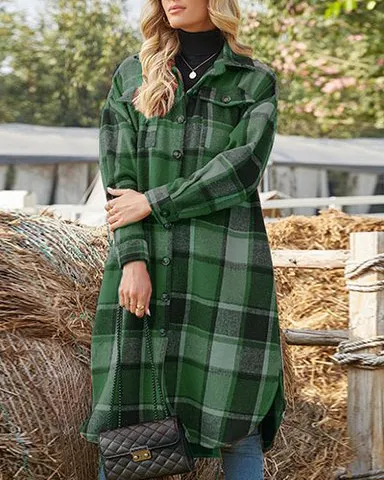 Casual Plaid Lapel Trench Coat