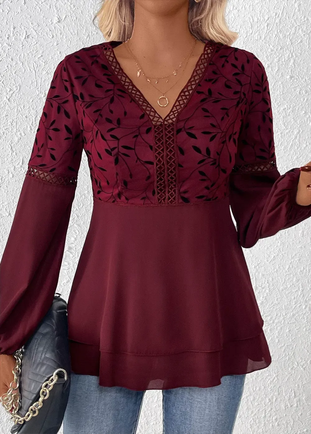 Wine Red Patchwork Leaf Print Long Sleeve Blouse