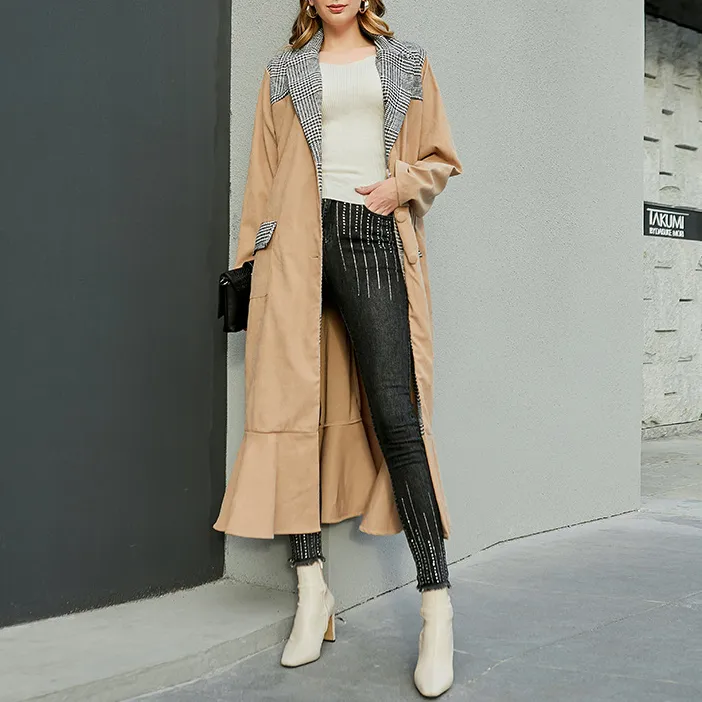Patchwork Lapel Front Button Ruffle Coat