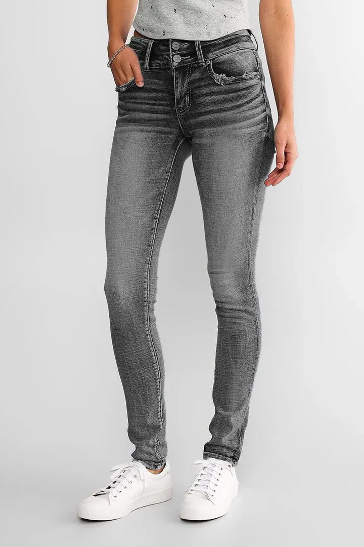 Mid Waist Double Button Skinny Jeans