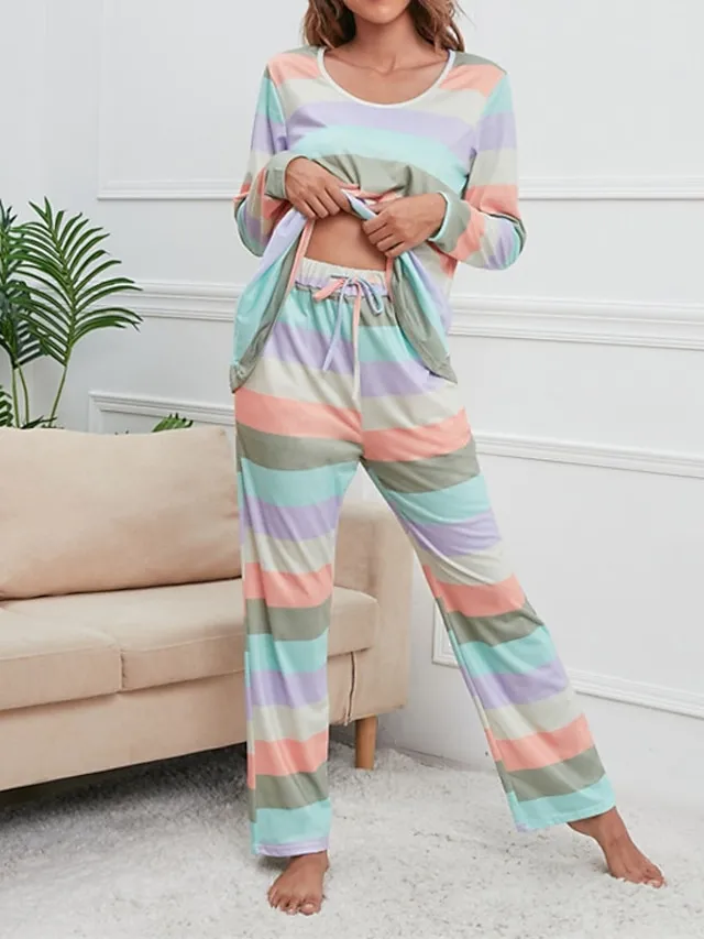 Women's Pajamas Nighty Pjs Sets 2 Pieces Rainbow Stripe Fashion Comfort Soft Home Daily Bed Cotton Breathable V Wire Long Sleeve T shirt Tee Pant Spring Fall Yellow Blue