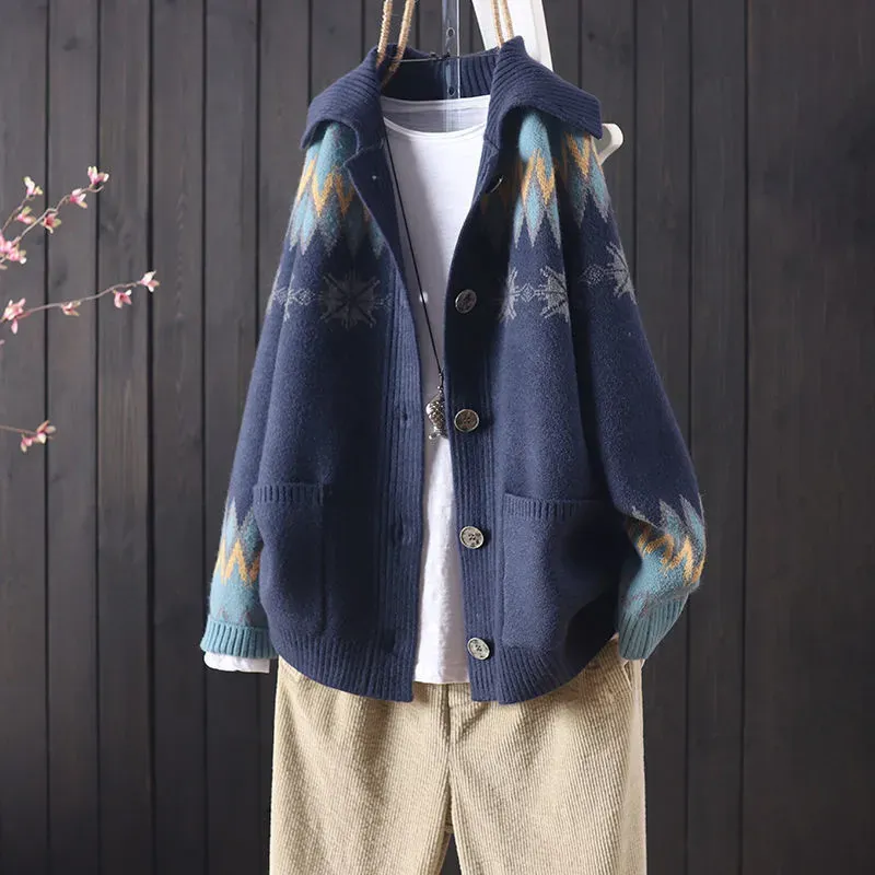 Vintage Icelandic Jacquard Sweater Lapel Cardigan