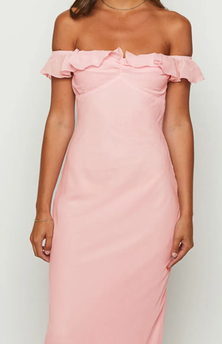Ruffled Off Shoulder Blush Pink Maxi Dress