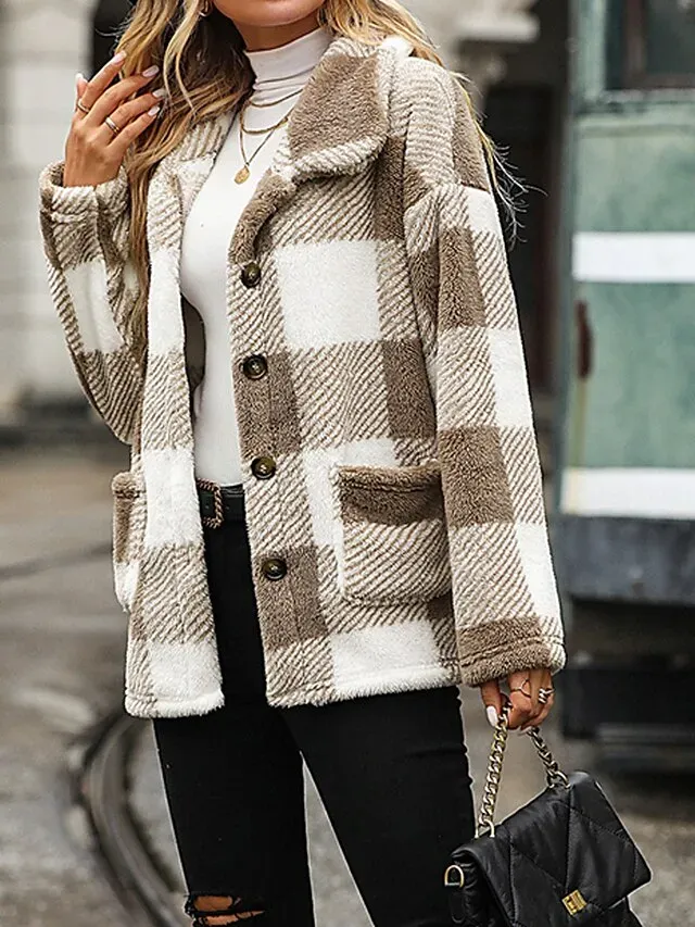 Women's Teddy Coat Plaid Sherpa Jacket Winter Fleece Coat Fall Single Breasted Stand Collar Jacket Regular Fit Outerwear Long Sleeve Black Khaki