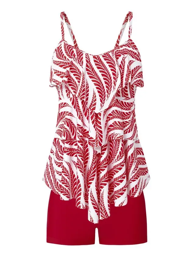 Vacation Floral Flouncing Scoop Neck Tankinis Two-Piece Set