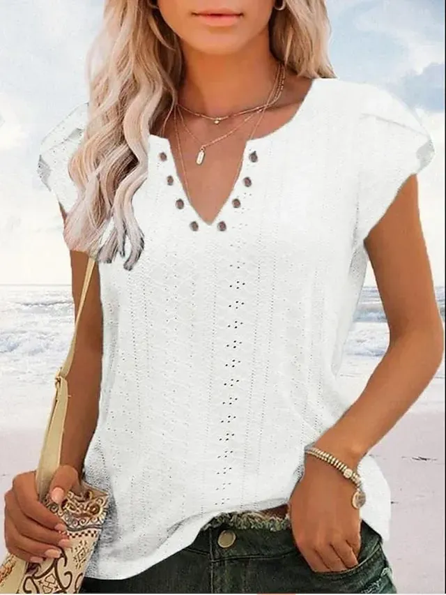 Women's T shirt Tee Light Blue Black White Plain Button Short Sleeve Casual Basic V Neck Regular S