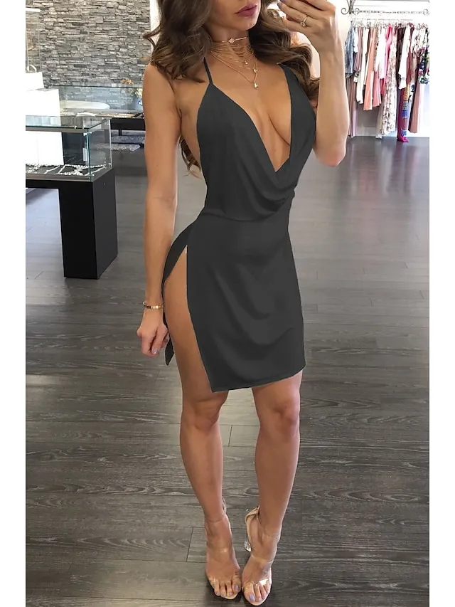 Women's Party Dress Sexy Dress Sundress Mini Dress Black White Yellow Sleeveless Pure Color Backless Summer Spring Halter Neck Hot Party 2023 S M L XL