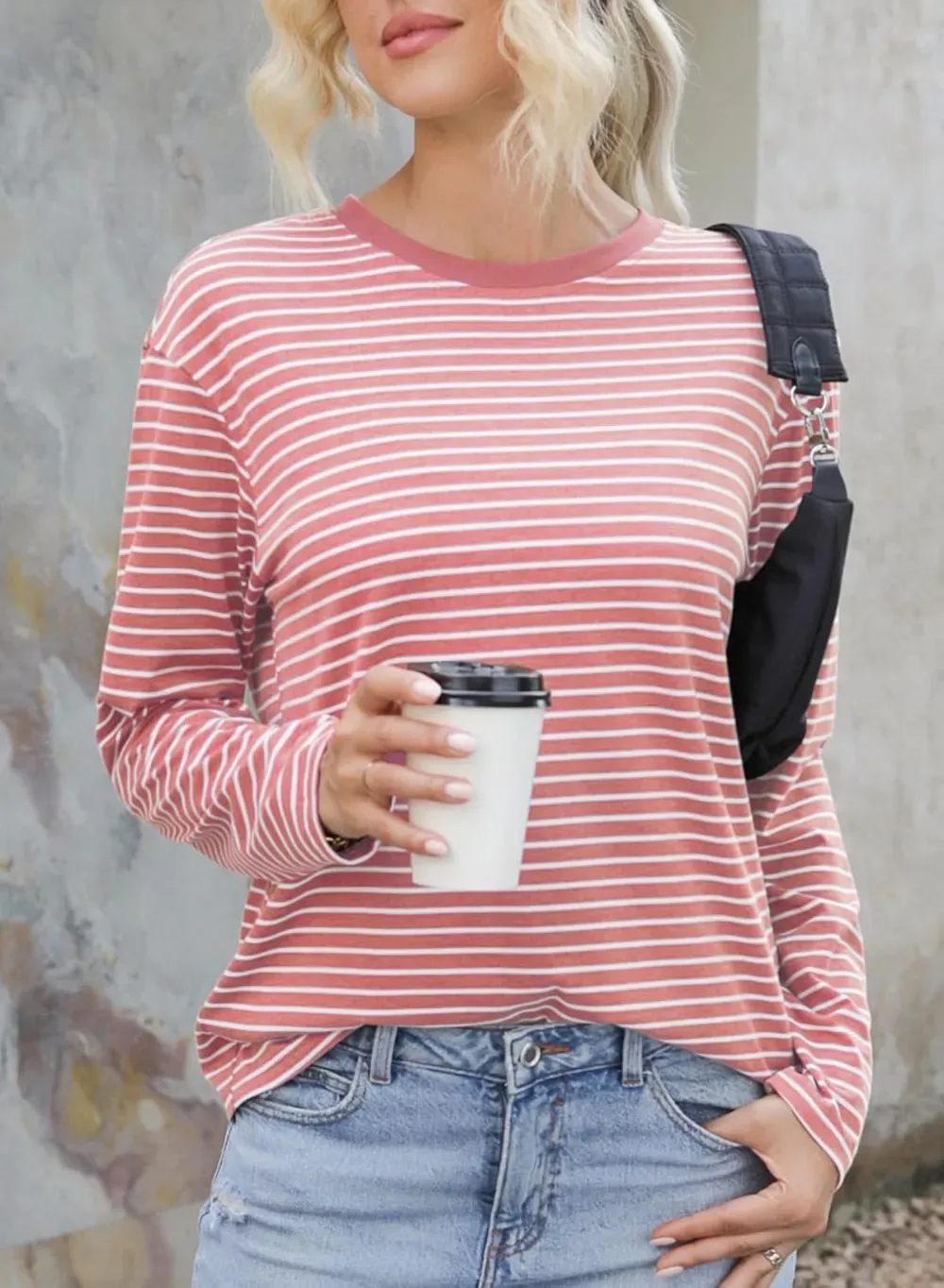 Dokotoo Women's Casual Striped Long Sleeve Tops Crew Neck Knit Ribbed Basic T Shirts