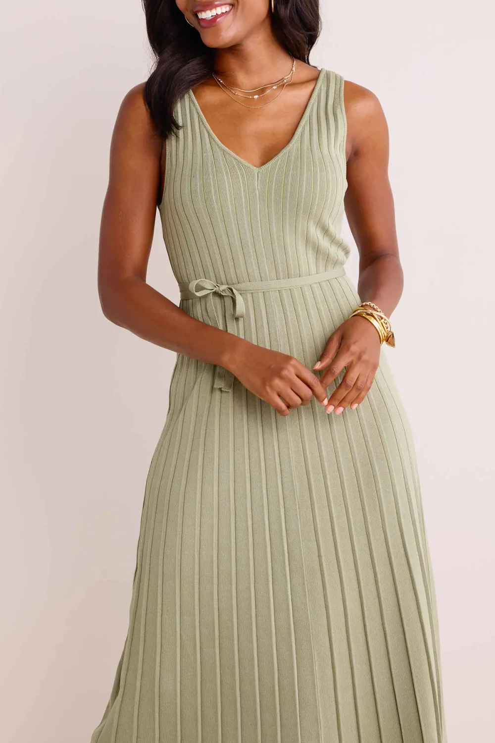 Olive Green V-Neck Pleated Dress