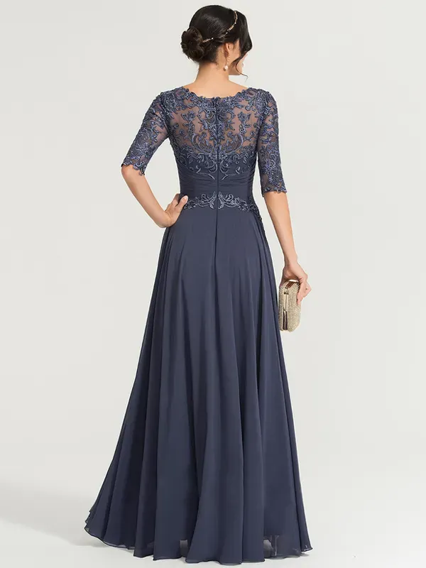 Round neck and floor-length chiffon sequined evening dress