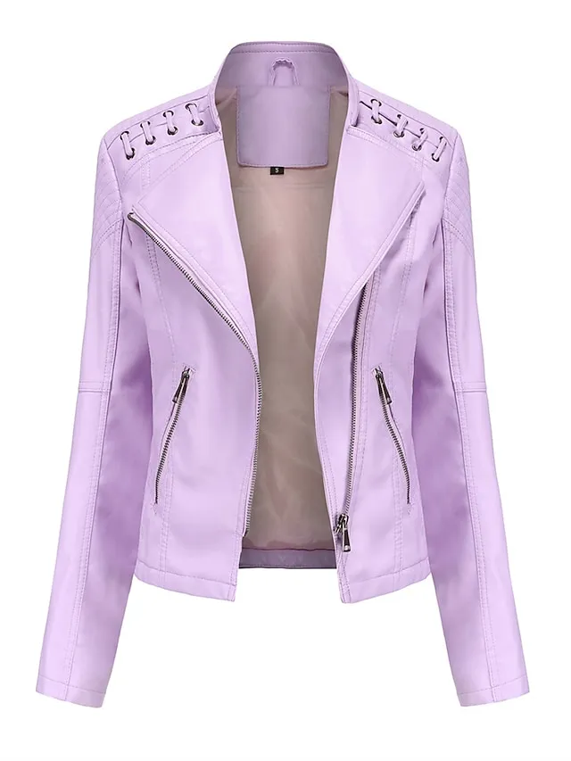 Women's  Faux Leather Jacket Moto Biker Jacket Fall Waterproof Windproof Coat Winter Zipper Lapel Modern Outerwear Long Sleeve Causal Vacation