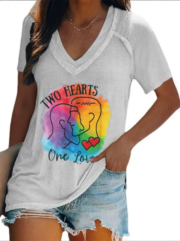 Women'S Two Hearts One Love V-Neck Short-Sleeved T-Shirt