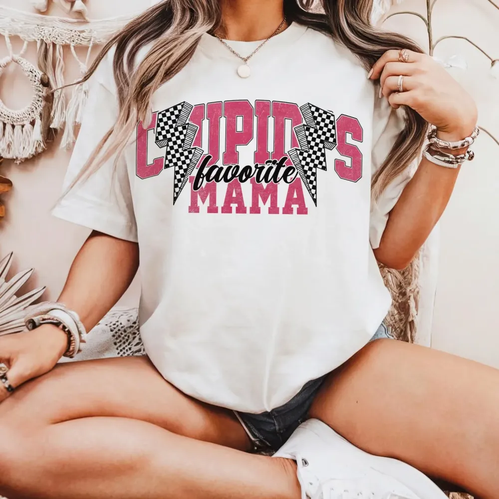 Cupids Favorite Mama Print Round Neck Short Sleeve T-Shirt