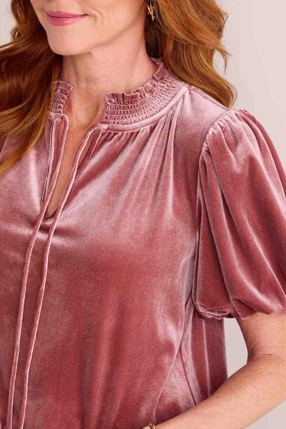 Pink Velvet Puff Sleeve Ruffled Neck Tie-Front Top