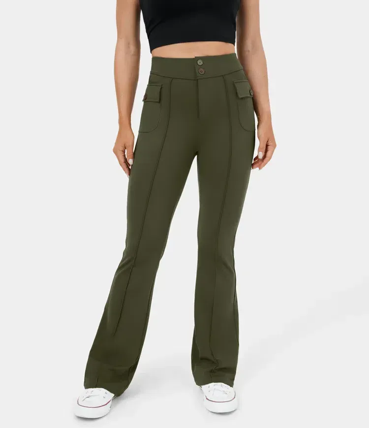 High Waisted Button Side Flap Pocket Flare Casual Cargo Pants