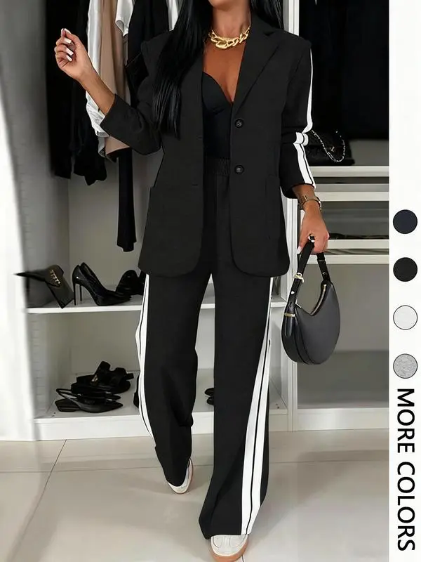 Women's Striped Print Blazer Jacket & Wide Leg Pants Set, Casual Fitted Suit for All Seasons, Stylish Ladies' Clothing Ensemble