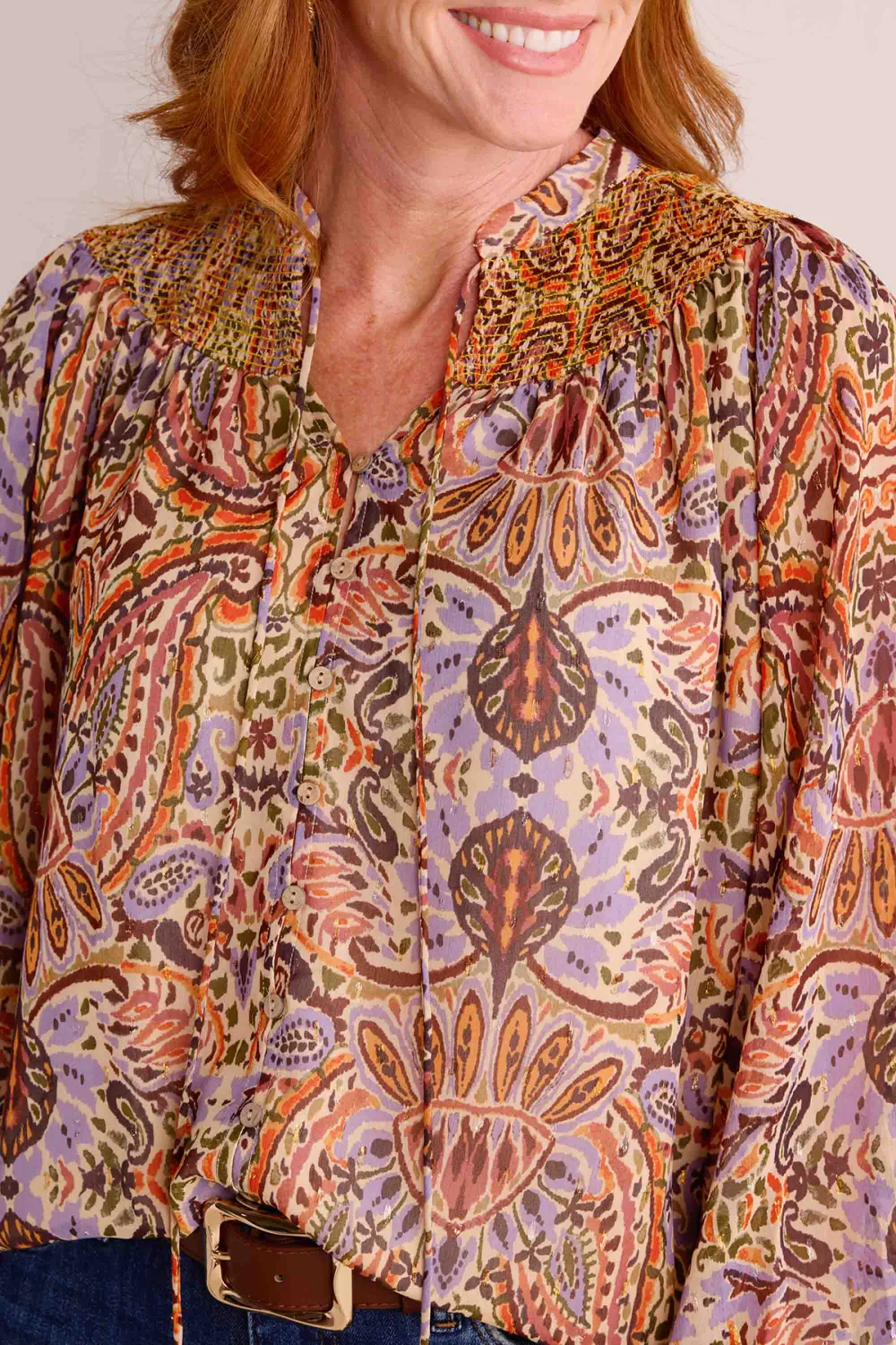 Print Tie-Neck Balloon Sleeve Blouse