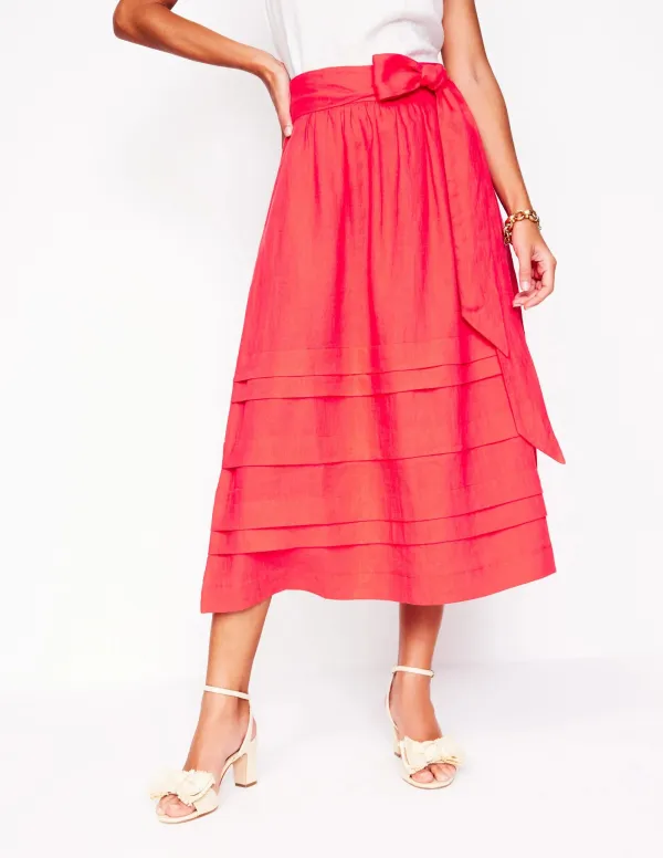 Coral Red Tiered Linen Midi Skirt