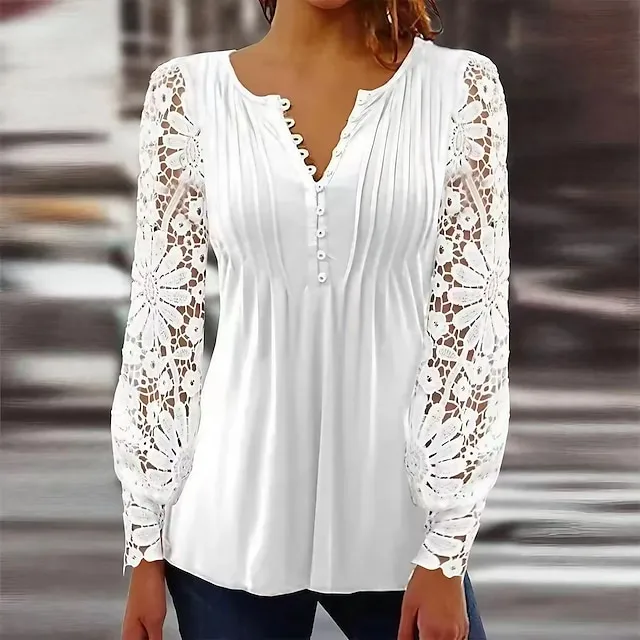 Women's Shirt Blouse Black White Red Plain Lace Patchwork Long Sleeve Casual Vintage Fashion Basic V Neck Regular Fit Spring Fall