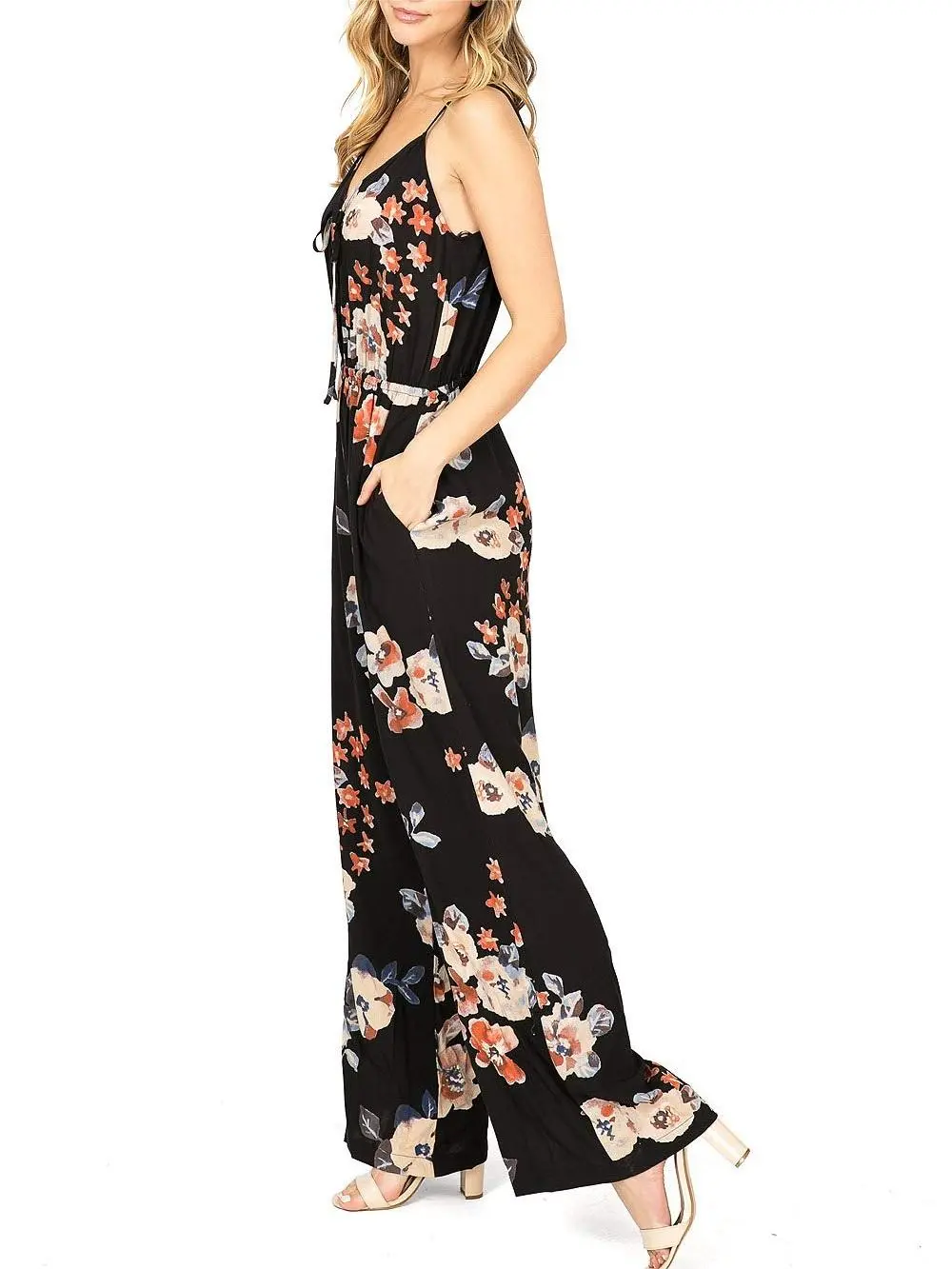 Black Floral Print Spaghetti - Strap Jumpsuit