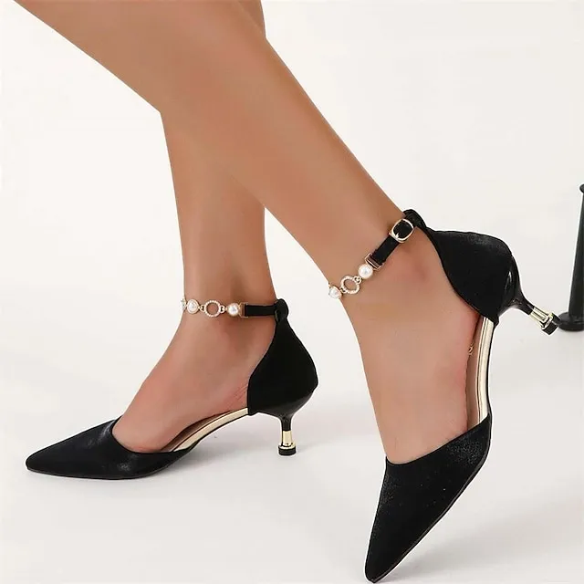 Women's Heels Sandals Heel Sandals Plus Size Ankle Strap Sandals Daily Club Summer Rhinestone Imitation Pearl Stiletto Heel Pointed Toe Elegant Sexy Satin Ankle Strap Solid Color Matte Black Black Red