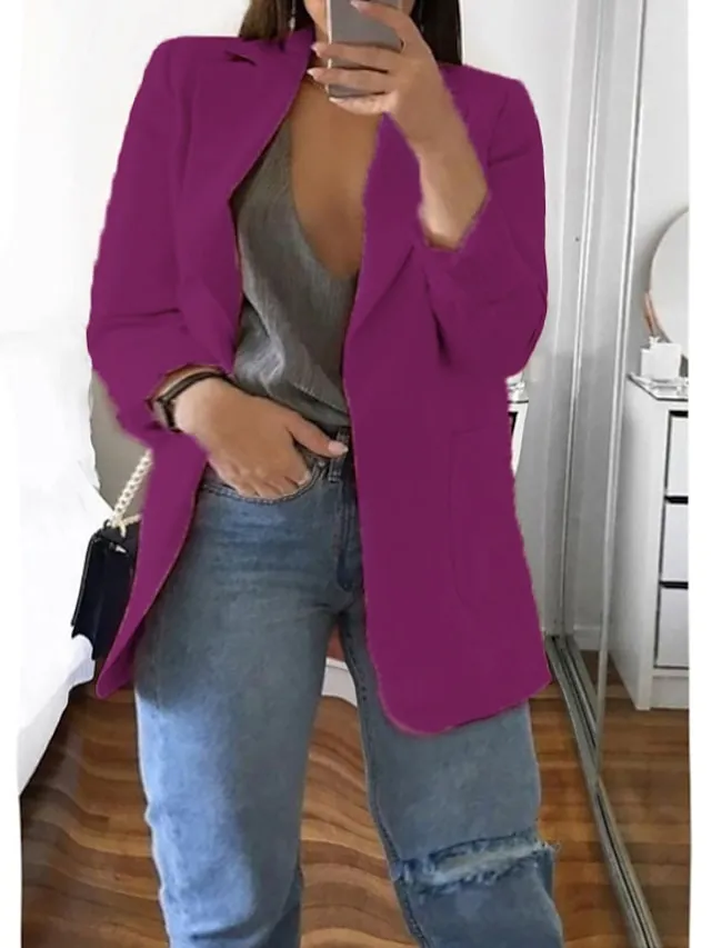 Women's Plus Size Curve Blazer Spring Work to Wear Office Jacket with Pocket Long Sleeve Peaked Lapel Fall Winter