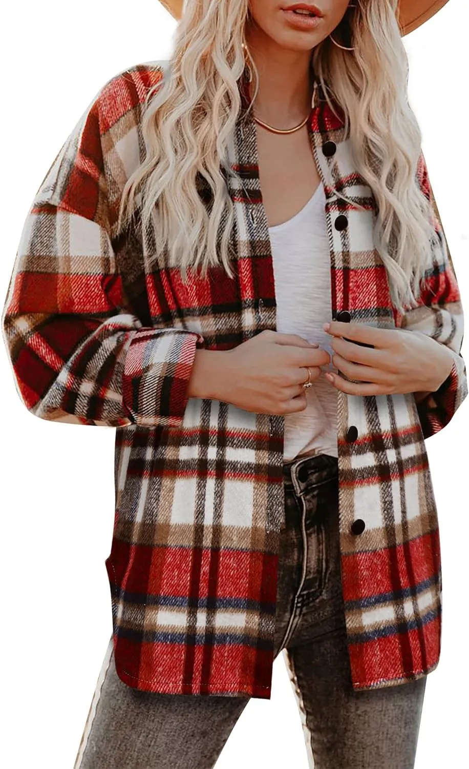 Women's Flannel Plaid Shacket Long Sleeve Button Down Chest Pocketed Shirts Jacket Coats