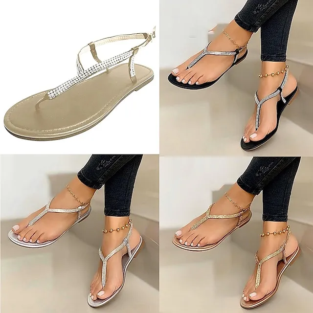 Women's Sandals Boho Bohemia Beach Flat Sandals Flip-Flops Daily Beach Flat Sandals Summer Flat Heel Open Toe Casual Minimalism Microfiber PU Loafer Silver Black Gold