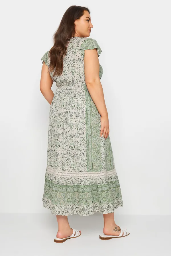 YOURS Curve Green Floral Print Crinkle Maxi Dress