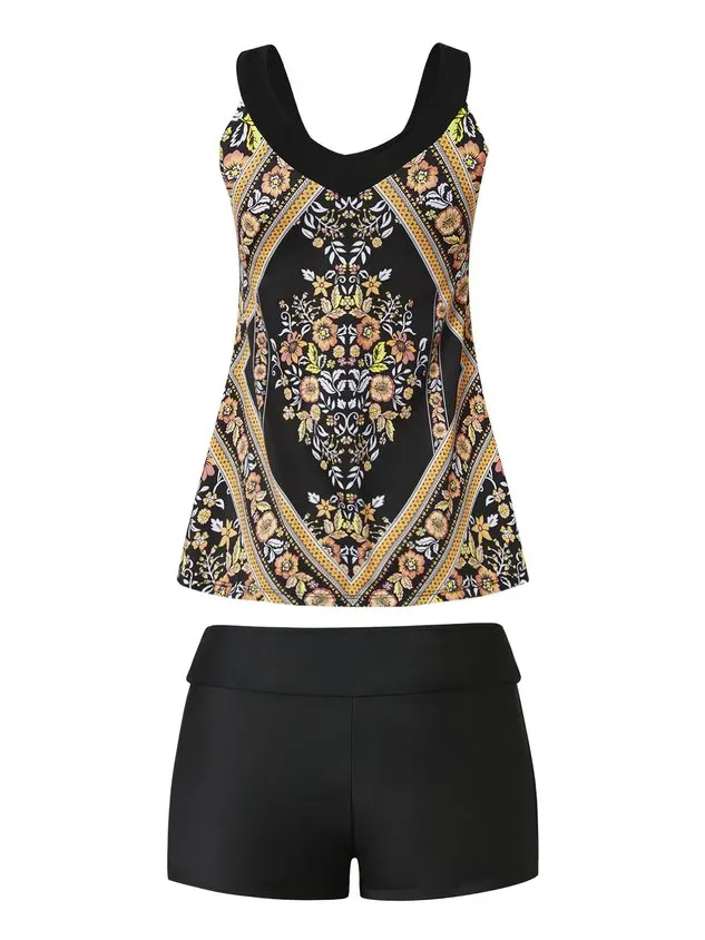 Vacation Ethnic Printing V neck Tankinis Two-Piece Set