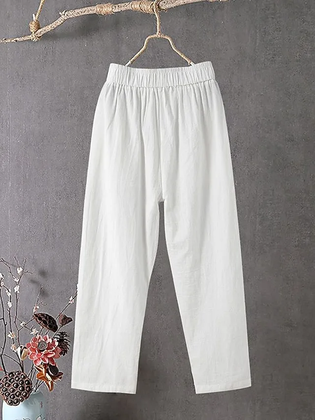 Women's Slacks Baggy Cropped Pants Linen Plain Pocket Baggy Ankle-Length Micro-elastic Mid Waist Streetwear Casual Vacation Casual Daily Black White S M Summer Spring