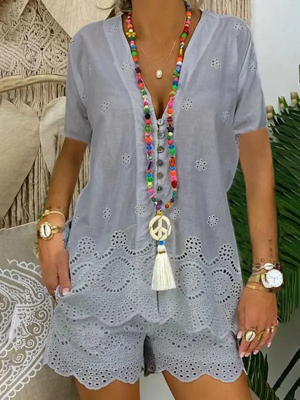 Fashionable Solid Color Hollow Short Sleeve Casual Suit