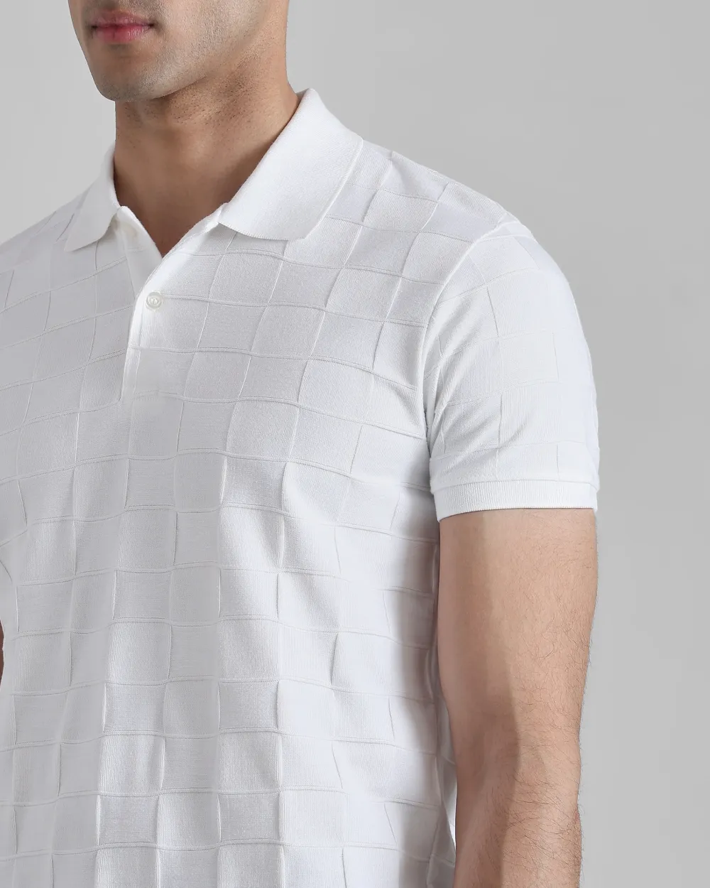 Casual Minimalist White Plaid Texture Polo Shirt