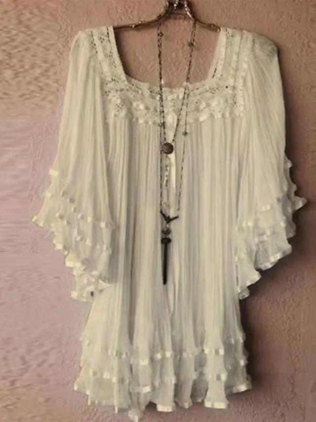 Women's Plus Size Shirt Blouse White Yellow Plain Lace Half Sleeve Daily Holiday Vacation Holiday Casual Square Neck Regular Fit Spring Fall