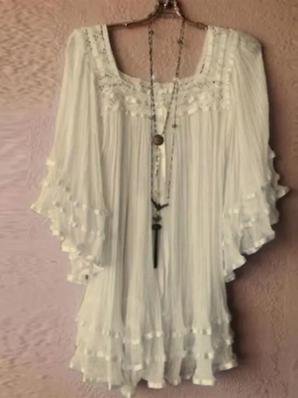 Women's Plus Size Shirt Blouse White Yellow Plain Lace Half Sleeve Daily Holiday Vacation Holiday Casual Square Neck Regular Fit Spring Fall