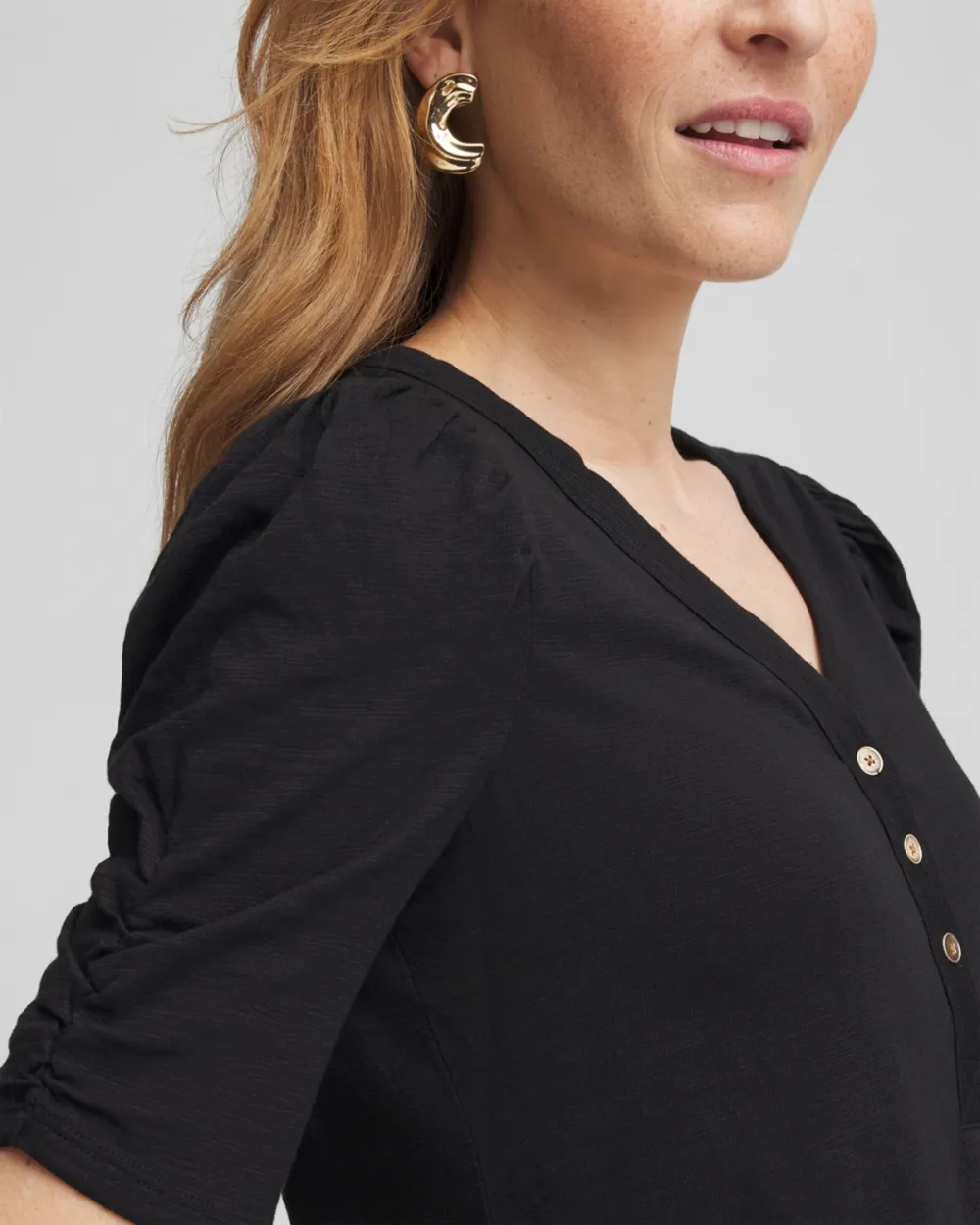 Black V-Neck Henley Short Sleeve Tee