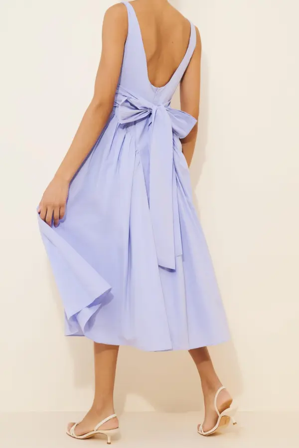 Square-Neck Basque-Waist Midi Dress