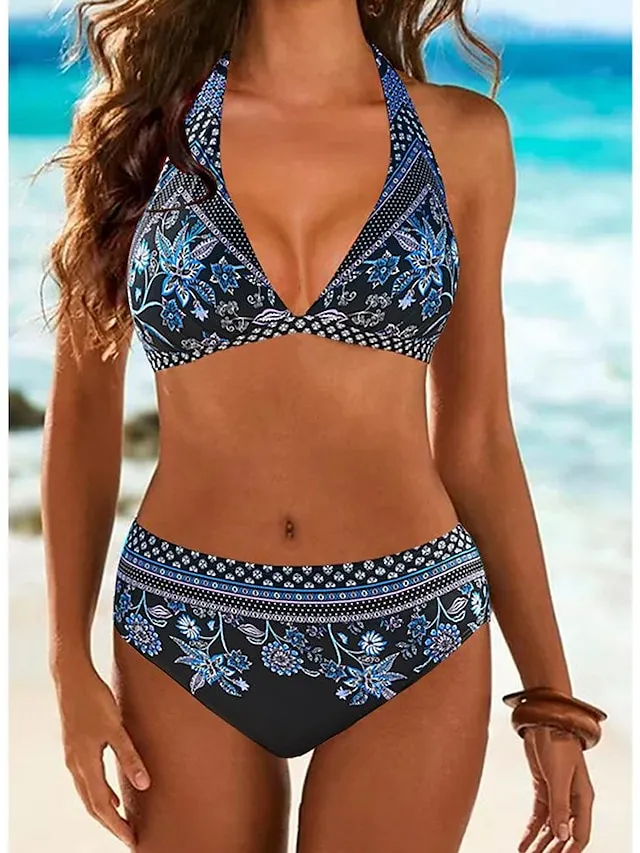 Women's Swimwear Bikini Normal Swimsuit 2 Piece Printing Floral Geometic Black Pink Blue Sky Blue Bathing Suits Sports Beach Wear Push Up