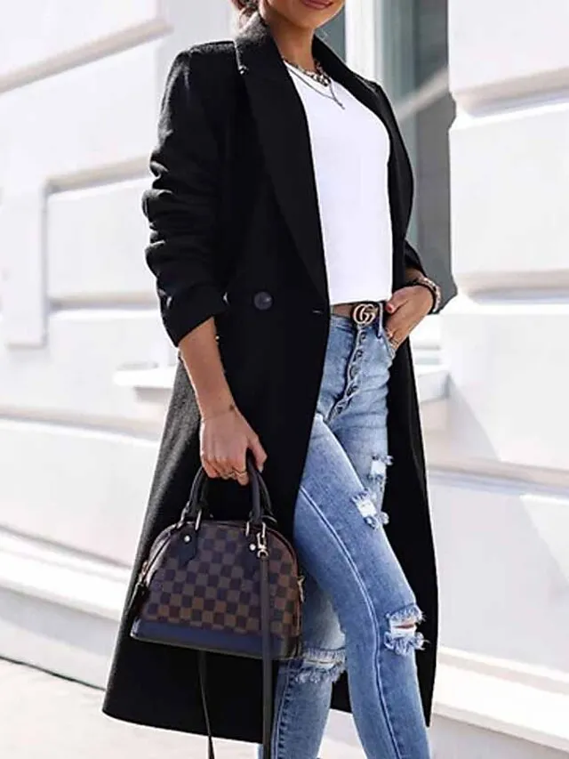 Women's Winter Coat Coat Warm Breathable Work Office / Career Daily Wear Vacation Pocket Drawstring Buttoned Front Turndown Elegant Lady Modern Formal Solid Color Regular Fit Outerwear Long Sleeve