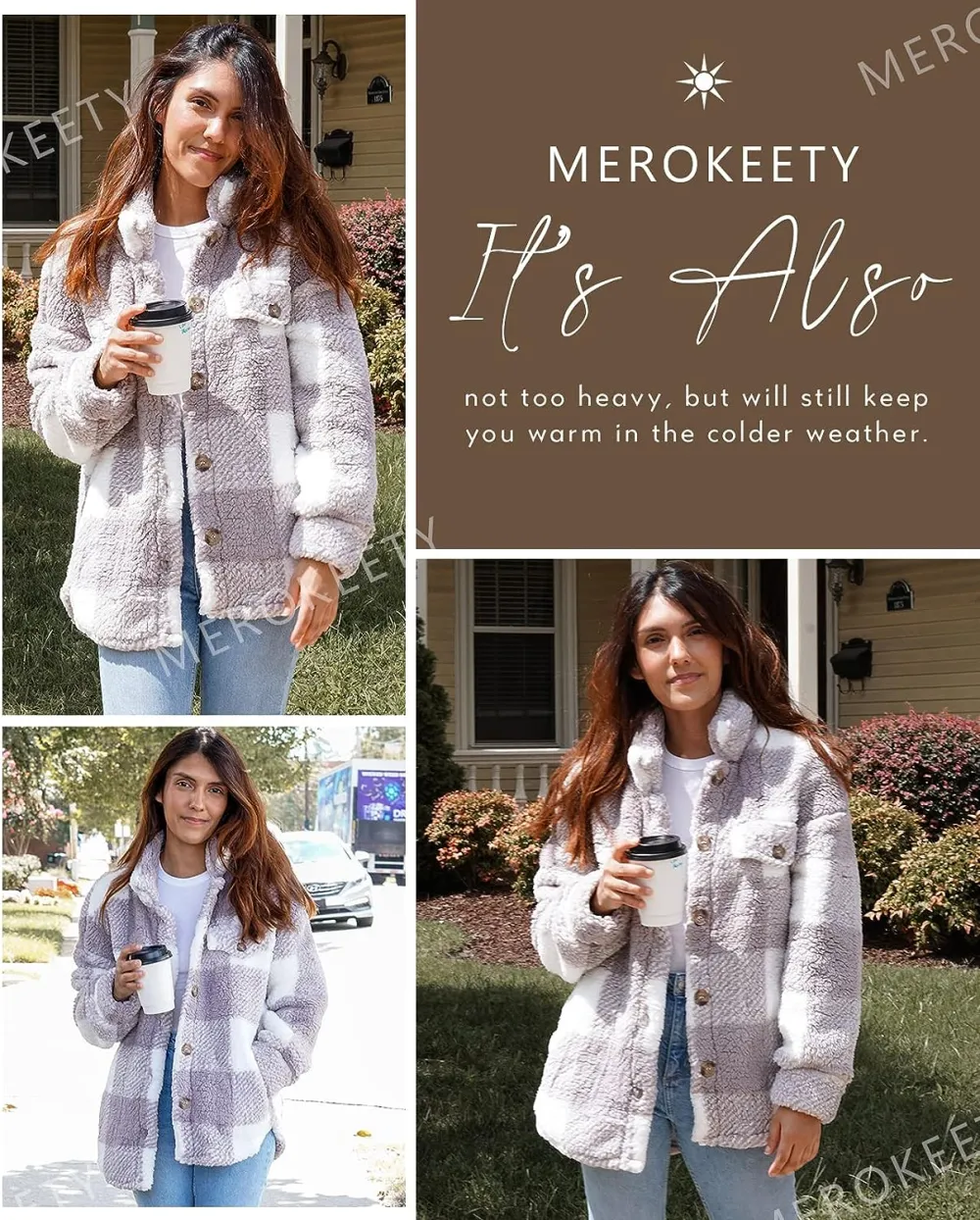 Women's Fleece Plaid Jacket Coats Button Down Lapel Sherpa Shacket Outwear with Pockets