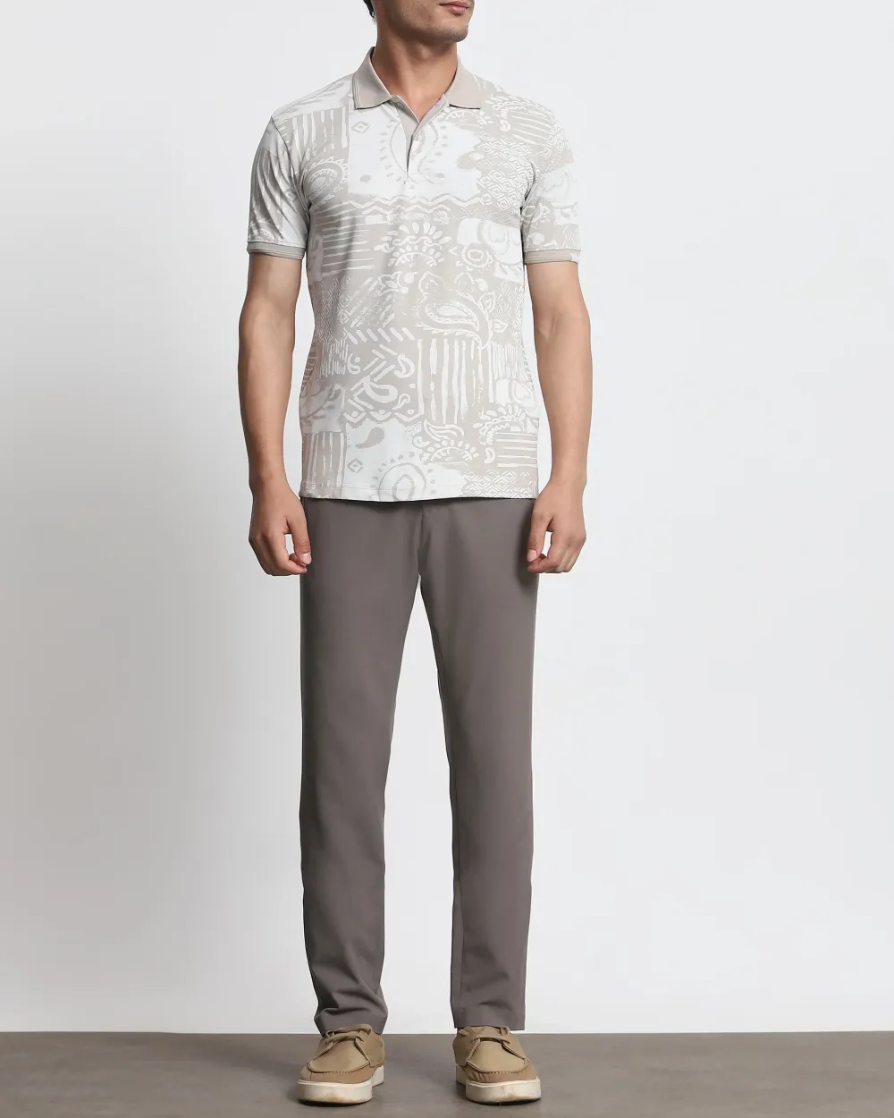 Daily Simple And Slimming Grey Abstract Print Polo Shirt