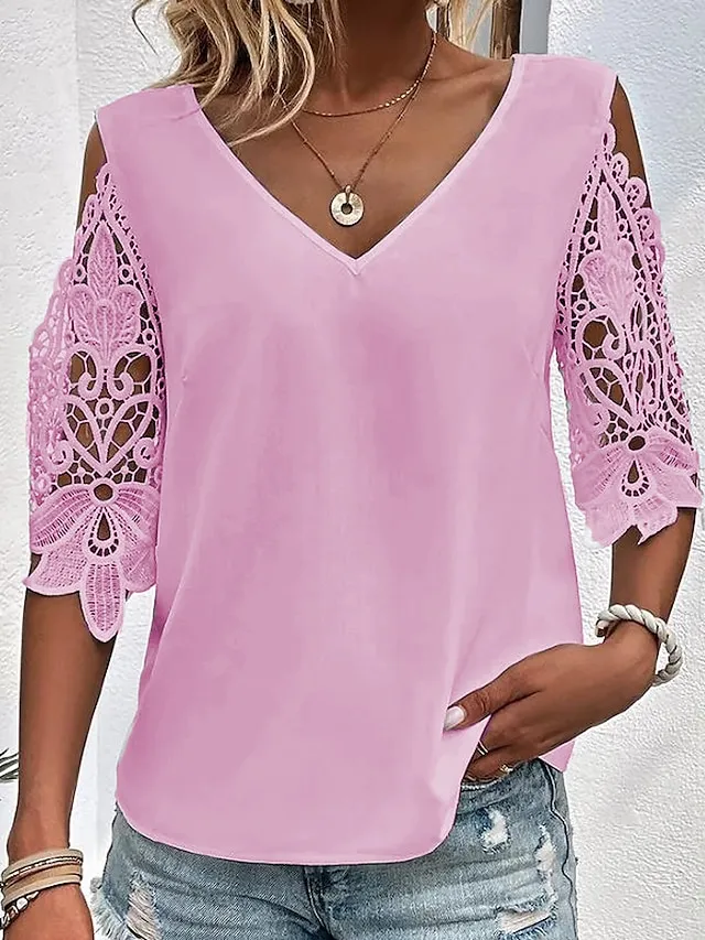 Women's Blouse White Pink Blue Plain Lace Cut Out Half Sleeve Daily Weekend Fashion Basic Elegant V Neck Regular Fit