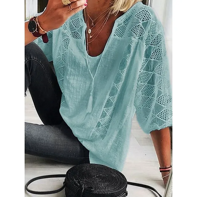 Women's Blouse Lace Patchwork Solid Color Basic Boho U Neck Lace-up Spring &  Fall Black White Yellow Light Blue Grey