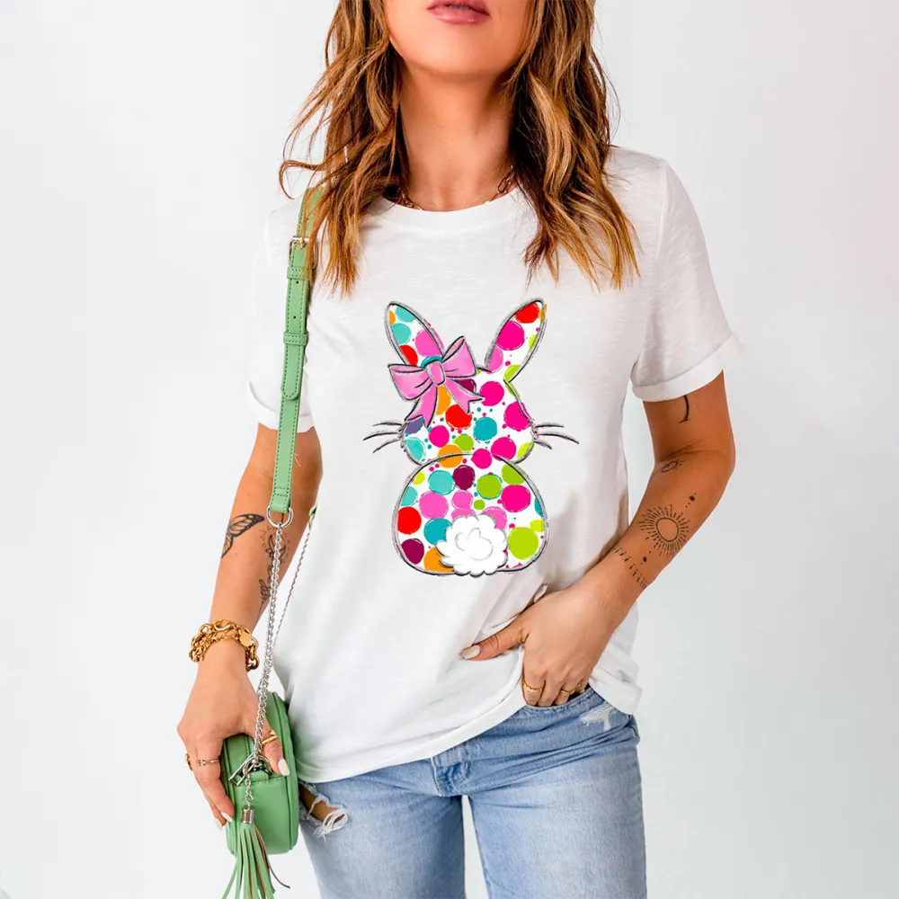 Colorful Easter Bunny Printed Round Neck Short Sleeve T-Shirt