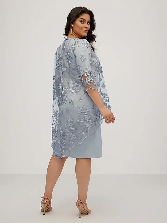 Women‘s Plus Size Party Dress Lace Dress Semi Formal Dress Midi Dress Navy Blue Blue Gold 3/4 Length Sleeve Floral Lace Summer Spring Fall Crew Neck Elegant Party Wedding Guest Dress